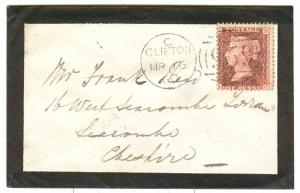 GREAT BRITAIN 1860 Mourning Cover w/#18 tied by Clifton duplex 959 arrival bkstp