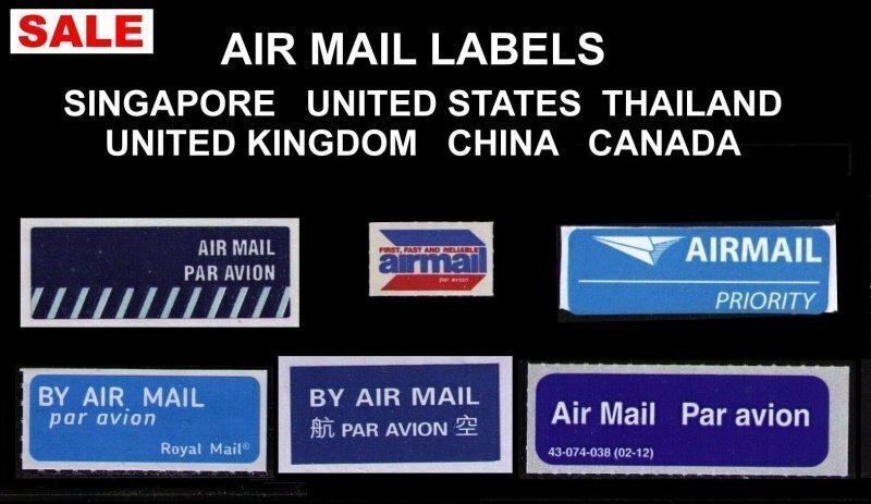 SALE AIR MAIL LABELS 6 DIFF FROM 6 DIFF COUNTRIES, NICE AIRMAIL LOT, CINDERELLA