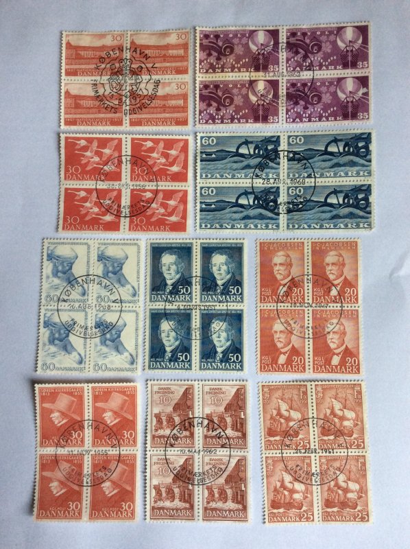 Denmark x10 blocks of 4. Used unhinged. Lot F