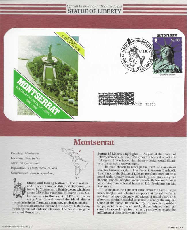 Statue of Liberty Montserrat. #637. 1986  FDC with write up.