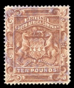 Rhodesia #19 Cat$75, 1890 £10 orange brown, revenue cancel