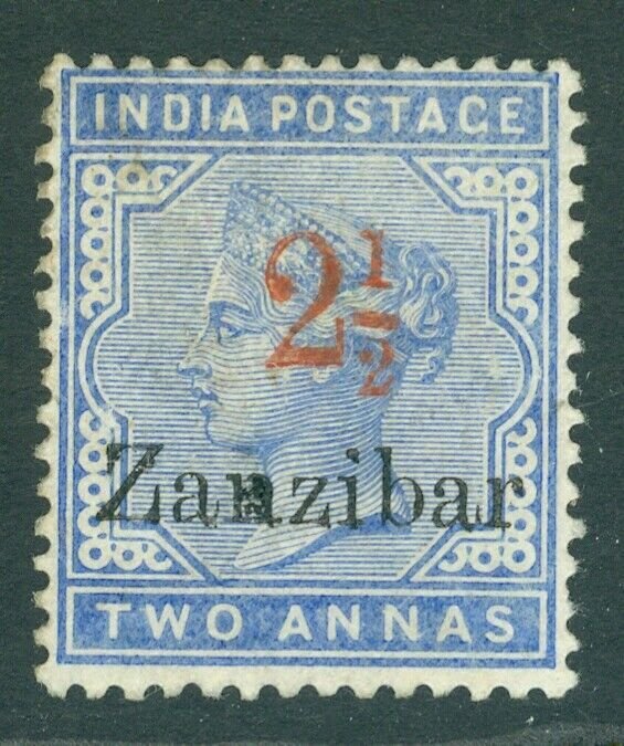 SG 27 Zanzibar 1895-96. 2½ on 2a pale blue. A fine fresh mounted mint example...