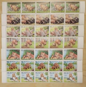 Nicaragua 1988 Scott 1703-9 Wild Animals 7v - Strips Of 5 sets - MNH