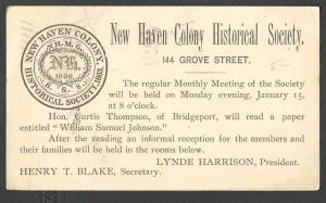 Ca 1907 PC NEW HAVEN CT COLONY HISTORICAL SOCIETY MEETING NOTICE & SPEAKER