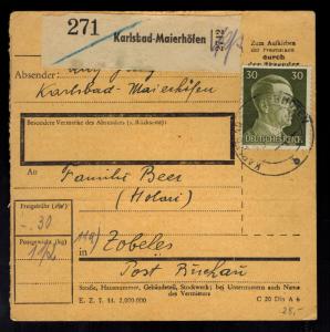 1945 Karlsbad Germany Parcel Receipt Cover to Zobeles