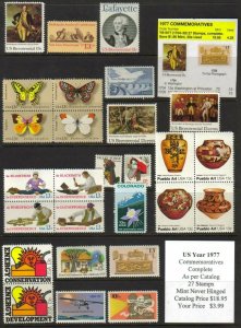 US 1977 Year Set, Complete Commemoratives, Mint Never Hinged, FREE SHIPPING