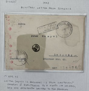 1943 Romania Military Army PO General Dumitrache Censored Cover To Leipzig