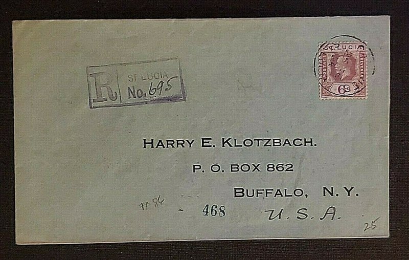 1924 St Lucia Registered Cover to Buffalo NY Via New York City Registered Cover