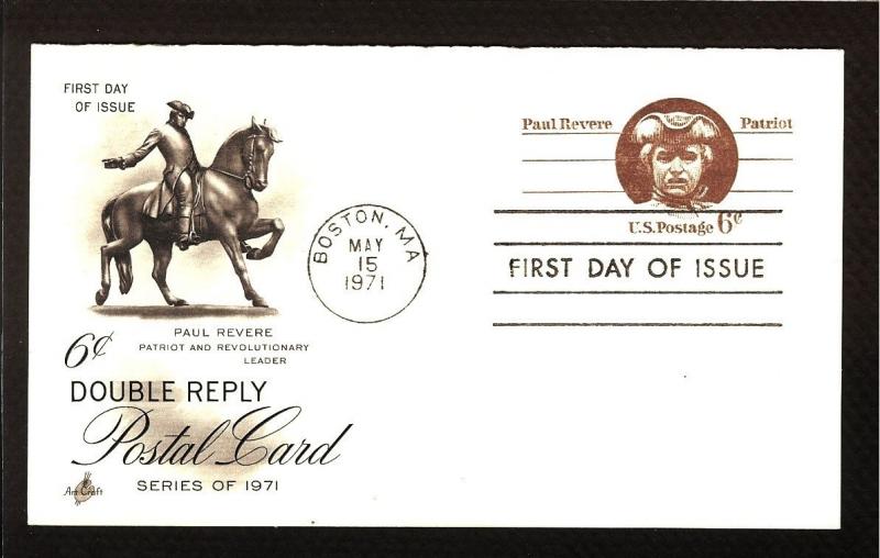 FIRST DAY COVER #UY22 Paul Revere 6c POST & REPLY CARD ARTCRAFT FDC U/A 1971