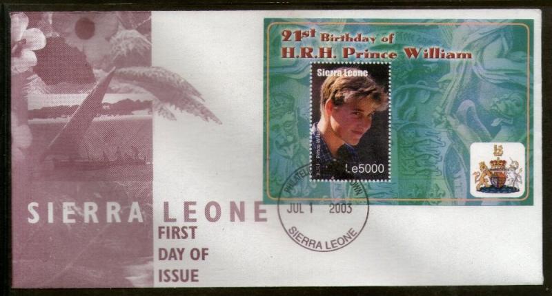 Sierra Leone 2003 Prince William 21st Birth Day Sc 2637 M/s on FDC # 6057