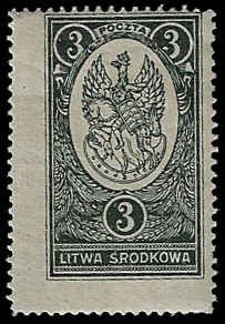 Central Lithuania #37 Unused OG HR; 3m White Eagle & White Knight (1921)