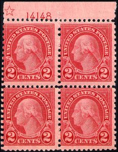 1923 US Stamp #579 A157 2c Mint Hinged Star Plate Block of 4 Catalog Value $550