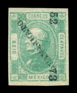 MEXICO 1872  HIDALGO  6c green  Wmk LA+F   Scott # 81a mint MH VF-XF  w/Cert.  R