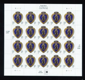 US United States Scott #3784 Purple Heart 37¢ Sheet of 20 Stamps