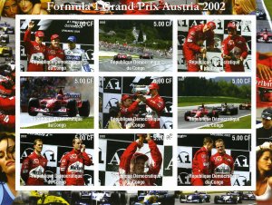 Congo 2002 Formula 1 AUSTRIA GRAND PRIX Sheet (9) Imperforated Mint (NH)