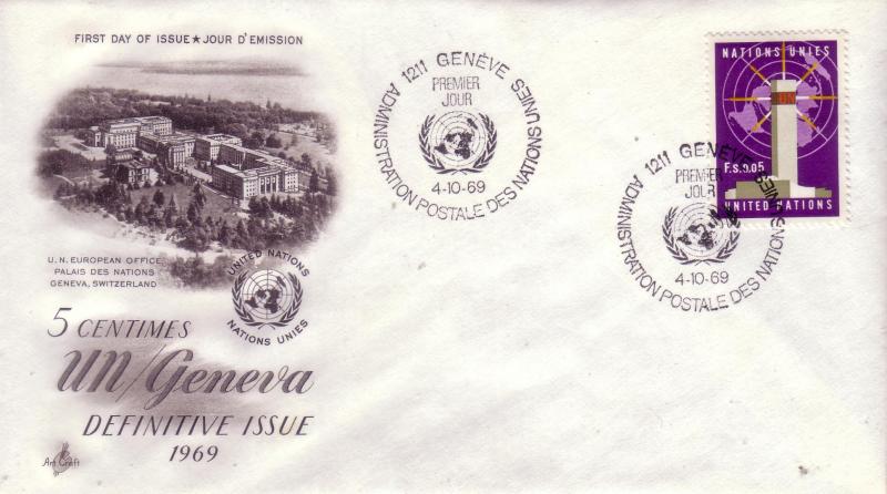 United Nations Geneva Issue FDC Sc.# 1 Definitive L377