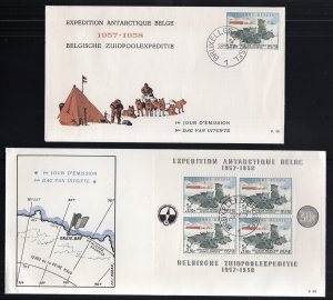 Belgium 1957 Antarctic Expedition Single + Souvenir Sheet on 2 FDC's #B605a