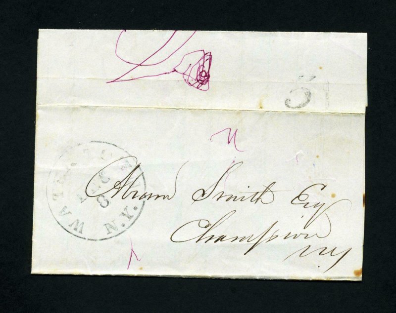 Stampless Letter from Watertown, NY to Champion, NY - 12-8-1852