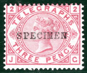 GB QV TELEGRAPH Stamp SGT3s 3d Carmine Plate 2 *SPECIMEN* Mint LMM Cat £80 RBR92