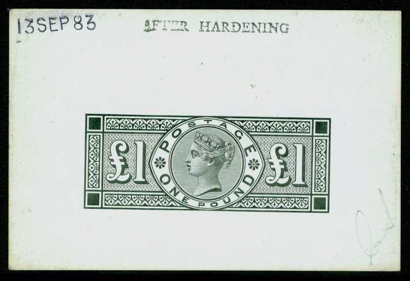 QV £1 DIE PROOF on WHITE GLAZED CARD, M MINT. Cat £4250. 13th SEP 83