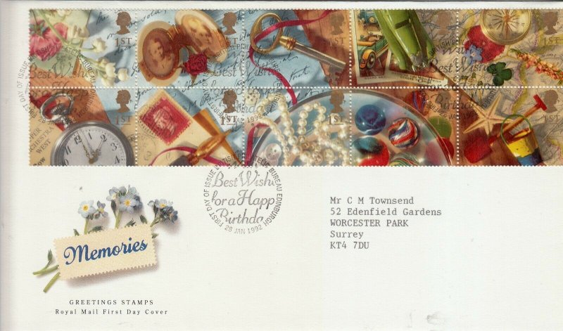 GB 1992 GREETING 'MEMORIES'. BOOKLET PANE  FDC