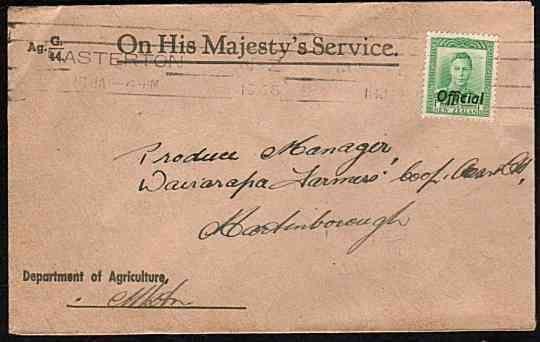 NEW ZEALAND 1946 OHMS cover GVI 1d Official opt ex Masterton.........33532