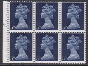 UB19 5d Pre-decimal Machin Booklet pane R3 no dot UNMOUNTED MINT/MNH