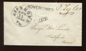 PRESIDENT JOHN TYLER SIGNED FREE FRANK 1859 COVER W/ 'FREE' & 'ADVERTISED' MARKS