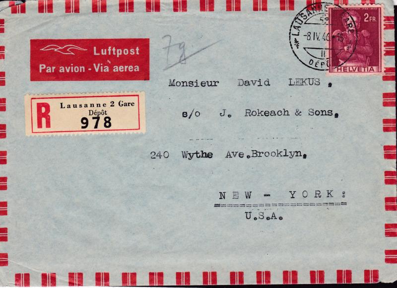 Switzerland 1946 Post WWII Registered Cover Lausanne Airmail to N.Y. JUDAICA