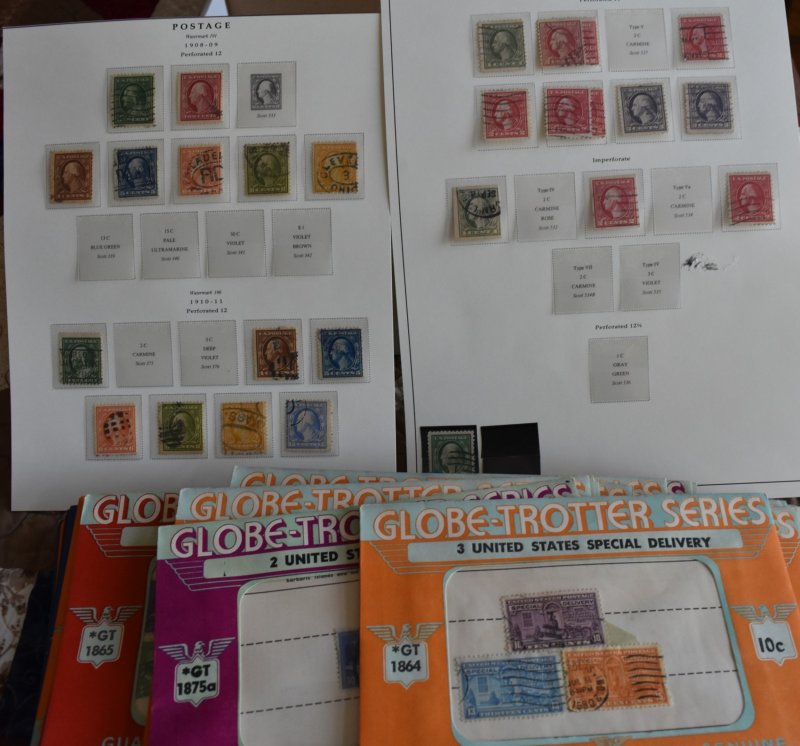 Boxed Lot of Remnant Album Pages, Stamps, Old Department Store Sets & More
