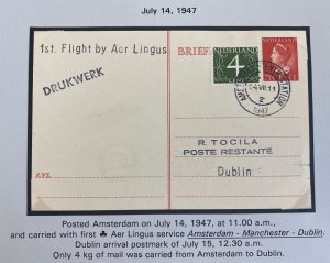 1947 Amsterdam Netherlands first Flight airmail postcard Cover to Dublin Ireland