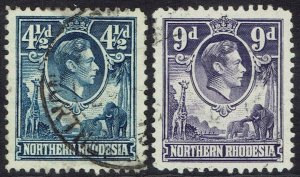 NORTHERN RHODESIA 1938 KGVI GIRAFFE AND ELEPHANTS 4½D AND 9D USED