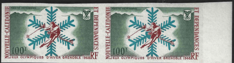 New Caledonia C56 100f Grenoble Winter Olym Imperf Snowflake MNH Pair CV$95 1968