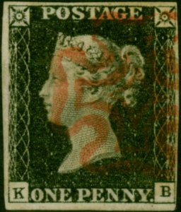 GB 1840 1d Penny Black SG2 Pl. 4 (K-B) Fine Used 4 Good-Close Margins Red MX