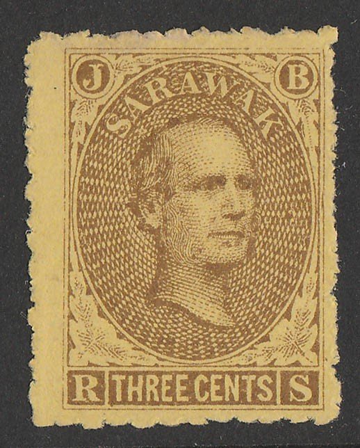 SARAWAK : 1869 Brooke 3c brown on yellow (right pane, pos 75). 