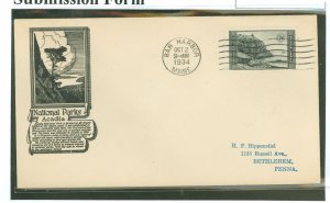 US 746 1934 7c Acadia Park (part of the National Park series) on an addressed first day cover with an Anderson Cachet.