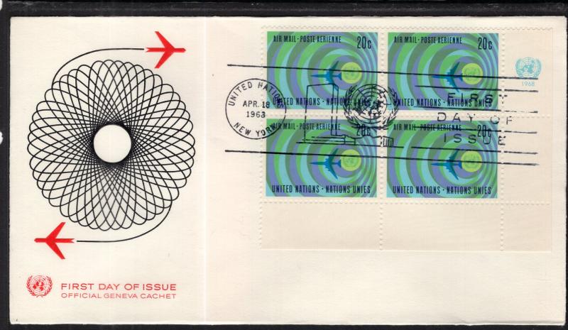 UN New York C13 Plate Block Geneva U/A FDC