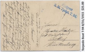 WW1: Germany Marine Schiffspost: Torpedo Boat T-94 8/31/1915 (M6100)