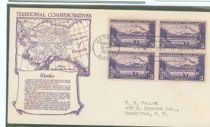 US 800 1937 3c Alaska (part of the US Territorial series) block of four/on an addressed first day cover with an Anderson cachet.