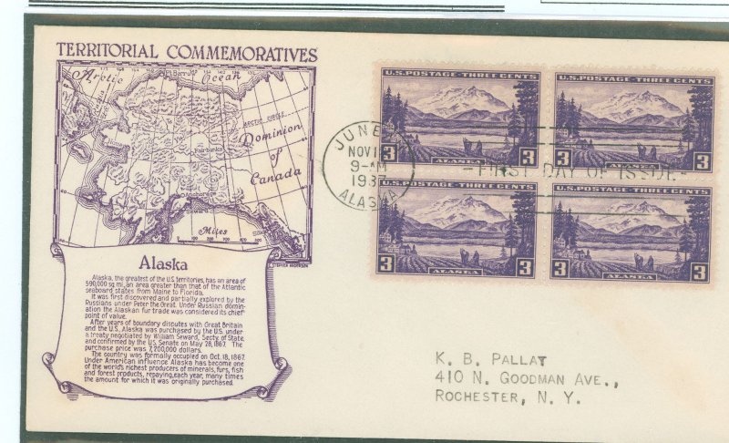 US 800 1937 3c Alaska (part of the US Territorial series) block of four/on an addressed first day cover with an Anderson cachet.