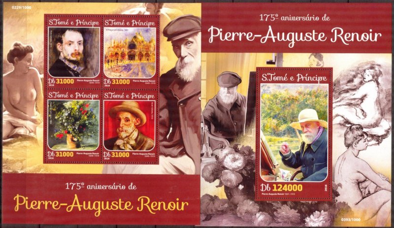 Sao Tome and Principe 2016 Art Paintings Pierre Auguste Renoir sheet + S/S MNH