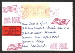 USA NEW YORK TO NEW ZEALAND METER MAIL $3.39 AIRMAIL SPECIAL DELIVERY 1986