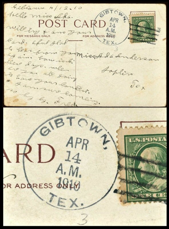 1910 TEXAS DPO 1883-1927 GIBTOWN TEXAS On Postcard Jack County 