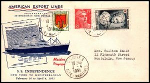 France SS Independence Maiden Voyage 1951 Ship Cover