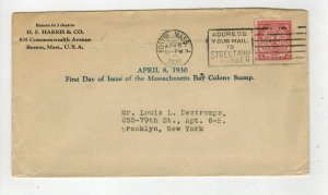 1930 MASSACHUSETTS BAY COLONY STAMP FDC 682-5 H E HARRIS BOSTON MA A
