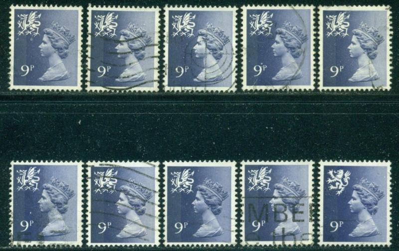 GREAT BRITAIN WALES SG-W27, SCOTT#  WMMH-12, USED, 10 STAMPS, GREAT PRICE