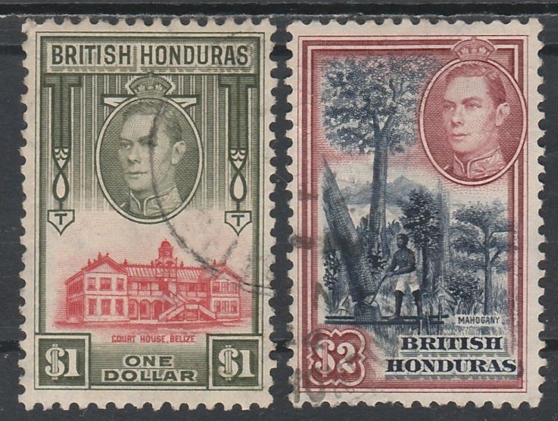 BRITISH HONDURAS 1938 KGVI PICTORIAL $1 AND $2 USED