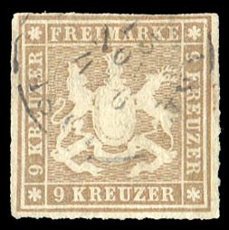 German States, Wurttemberg #45 (Mi. 33a) Cat€100, 1866 9kr bister brown, used