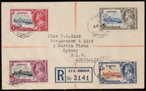 DOMINICA 1936 Registered cover franked KGV Silver Jubilee set. To Australia.