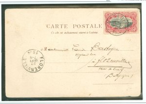 Belgian Congo 19 1904 Postcard Matadi to Florenville, Belgium; 8/4/04, Florenville 9/27/04 creases, tear at top, front colorized